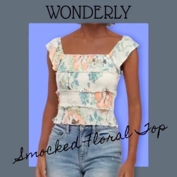 WONDERLY Flutter Sleeve Fully Smocked Floral Print Top NWT/XL - Picture 1 of 11